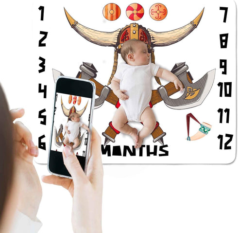 Viking Baby Monthly Milestone Blanket, 48x40in Soft Flannel, Helmet Ax Bone, Newborn Mom Gifts, Baby Shower Age Growth Tracker with Bonus Maker BT...